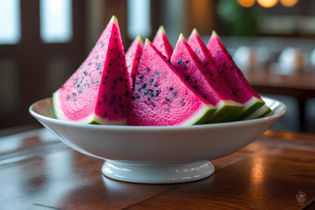 Watermelon on the table in a cafe. Selective focus.の素材