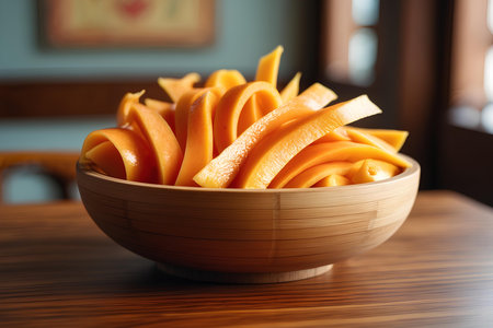 Sliced mango in a wooden bowl. Close-up.の素材