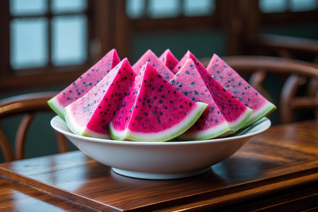 Slices of watermelon in a plate on a wooden tableの素材