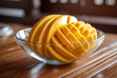 Sliced mango in glass bowl on wooden table, stock photoの素材