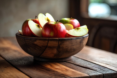 Fresh red apples in a wooden bowl on a rustic wooden tableの素材