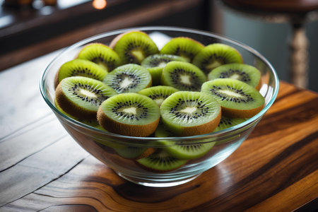 Kiwi fruit in glass bowl on wooden table. Healthy food.の素材