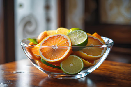 Citrus fruit in a glass bowl on a wooden table.の素材