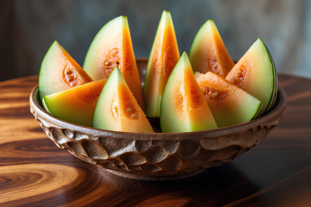 Cantaloupe melon slices in bowl on wooden tableの素材