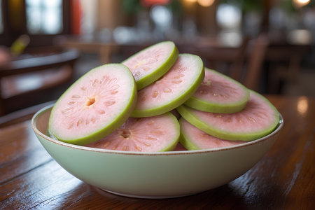 Fresh guava fruit in a bowl on wooden table, stock photoの素材