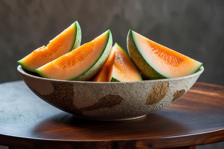 Fresh cantaloupe melon slices in a bowl on wooden tableの素材