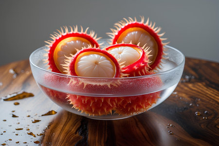 Fresh lychee fruit in a glass bowl on a wooden tableの素材