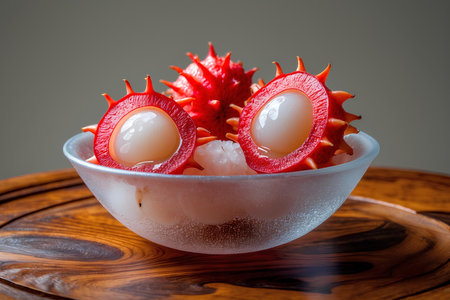 Rambutan fruit in a bowl on a wooden table, close upの素材