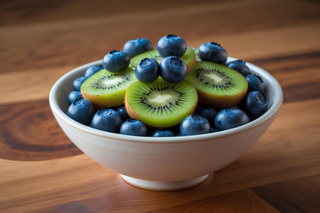 Blueberries and kiwi in a bowl on a wooden tableの素材