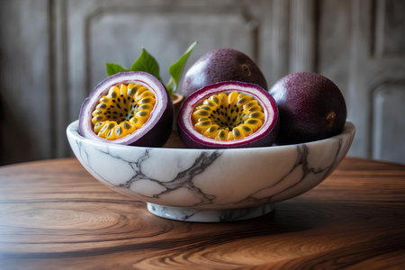 Passion fruit in ceramic bowl on wooden table. Vintage style.の素材