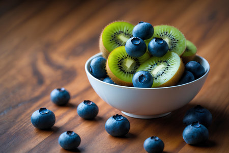 Fresh blueberries and kiwi fruit in bowl on wooden tableの素材