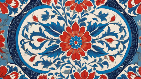 Seamless pattern with floral ornament. Blue and red colors.の素材