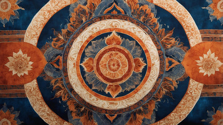 Ceramic tile with floral ornament in blue and orange colors.の素材
