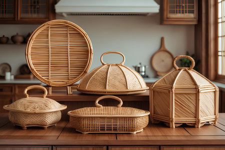 Wicker baskets on the table in the kitchenの素材