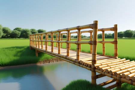 Bamboo bridge over rice field with blue skyの素材