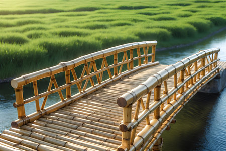 Bamboo bridge over the rice fields in the morning, Thailand.の素材
