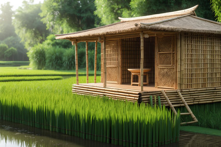 Thai style pavilion in the paddy rice field, Thailandの素材