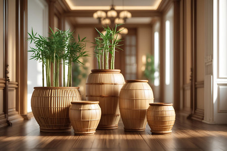3D rendering of a set of wooden vases with plants.の素材