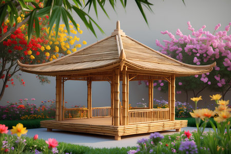 Gazebo in the garden with flowers. 3d renderingの素材