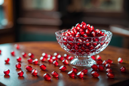 Pomegranate seeds in a glass bowl on a wooden tableの素材