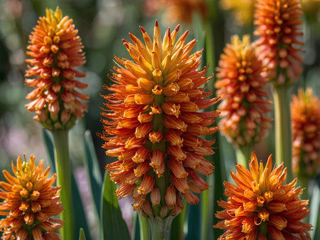 Orange flowers of aloe vera in bloom in a garden.の素材