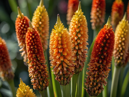 Close up of orange and yellow aloe vera flowers in bloomの素材