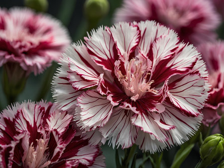 Close up of pink and white carnation flower (Dianthus chinensis) in the beautiful gardenの素材
