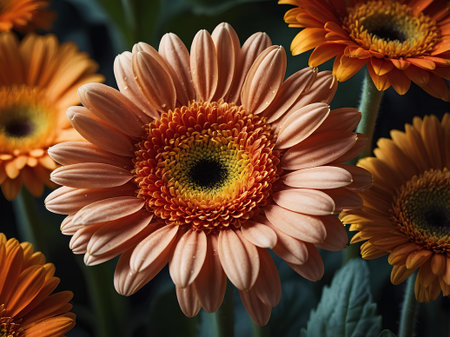 Orange gerbera flower close up. Natural floral background with gerbera flowers.の素材