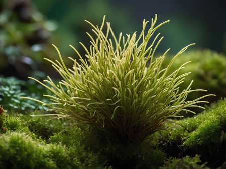 Green moss in the forest. Close-up. Shallow depth of field.の素材