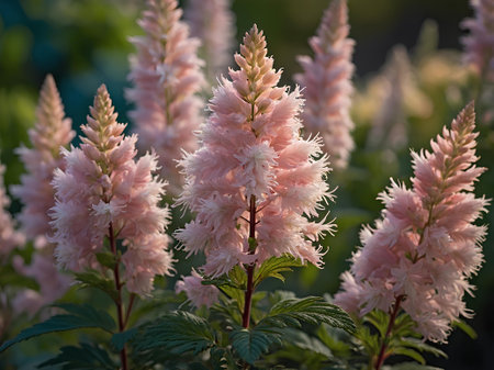 Beautiful pink astilbe flowers in the garden at sunset.の素材