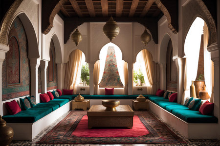 Interior of a beautiful hotel room with green sofa and red carpetの素材