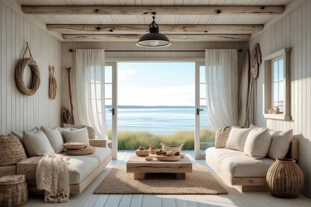 Interior of classic & unique living room design a wooden cottage by the sea.の素材