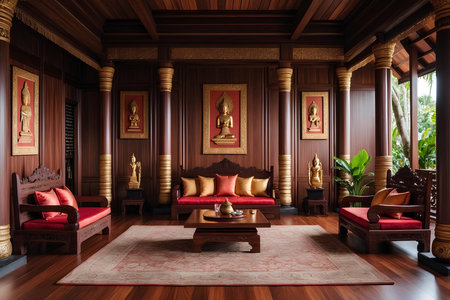Luxury interior of a hotel living room with a red sofa and wooden wallsの素材