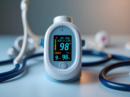 Close up of a digital blood pressure monitor with stethoscope.の素材