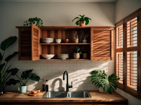 Kitchen interior with wooden shelves, sink, faucet and flowersの素材