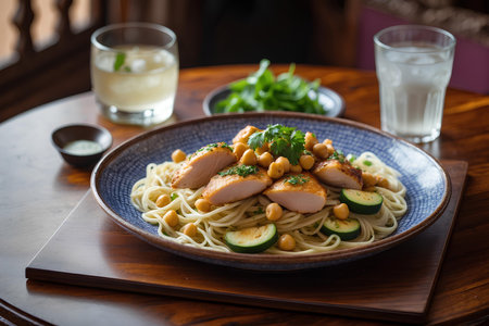 Chicken noodle with cucumber and chickpea on wooden tableの素材