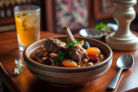 Beef Bourguignon with carrot and pine nuts in a bowlの素材