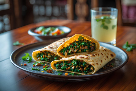 Tortilla wrap with chickpeas and spinach on wooden tableの素材