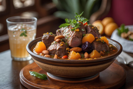 Beef stew with apricots and nuts in a clay bowlの素材