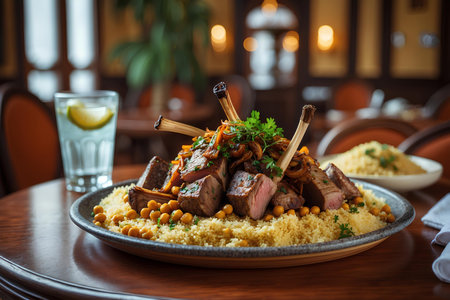 Tasty lamb with couscous and chickpeas on the tableの素材