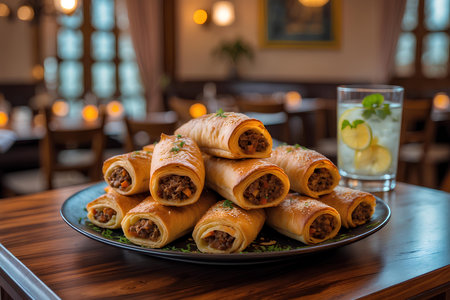 Pancakes with meat and cheese on a plate in a restaurantの素材