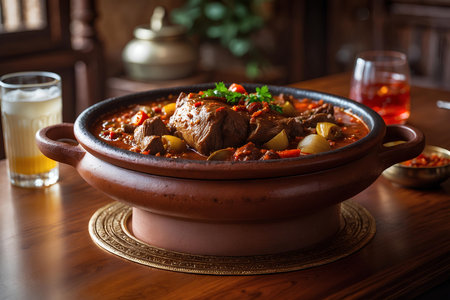 Beef stew with potatoes and vegetables in a clay pot on a wooden tableの素材