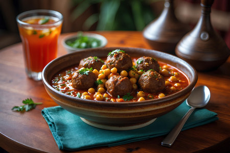 Meatballs with chickpeas in a bowl on a wooden tableの素材