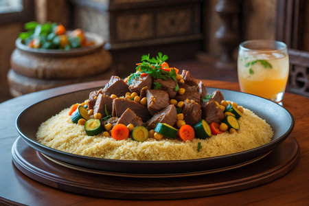 Beef stew with couscous and vegetables on a wooden tableの素材