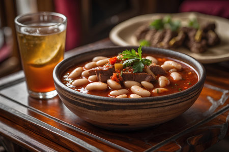 Bean soup with meat and vegetables in a bowl on a wooden tableの素材