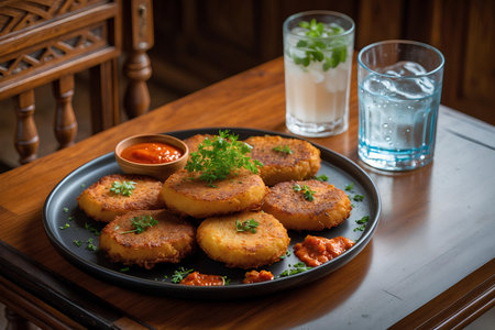 Potato pancakes with sour cream and parsley on a black plateの素材