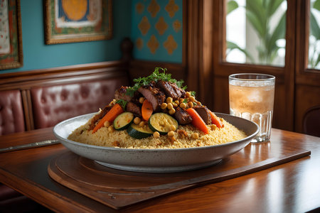 Bowl of couscous with meat and vegetables on a wooden tableの素材