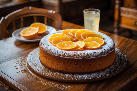 Homemade orange cake on a wooden table. Selective focus.の素材