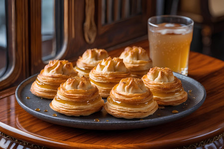 Cream puff pastry filled with honey and served with a glass of orange juiceの素材