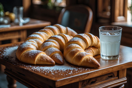 Croissants and a glass of milk on a wooden table.の素材